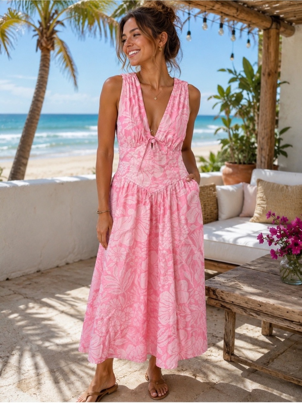NWT Band of the Free Pink White Floral Cotton Maxi Dress Pockets Size Small